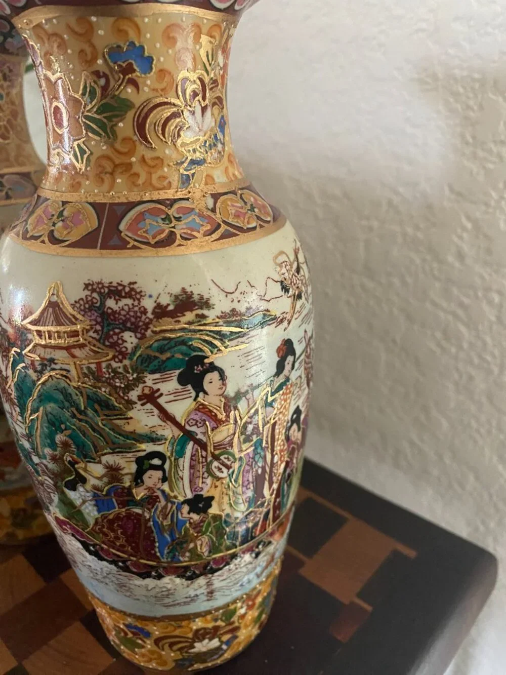 Vintage Japanese Geisha Girl Hand Painted Vases 2 Piece Set